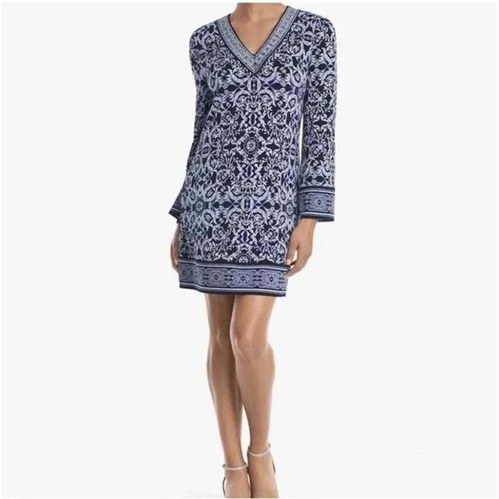 White House Black Market Long Sleeve Navy Damask Floral V-Neck Shift Dress XL